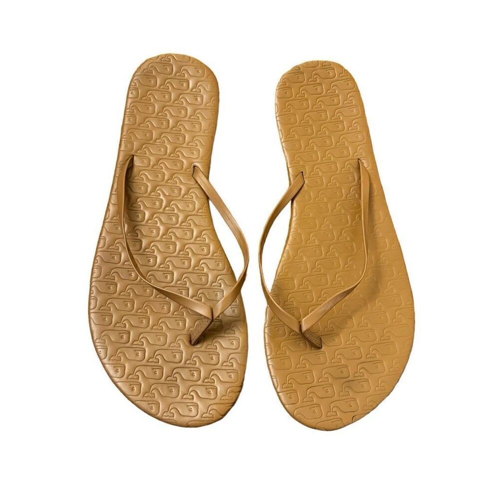 Vineyard Vines Embossed Whale Flip Flops Cognac Brown Faux Leather Size 9